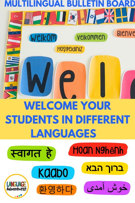 Why Your Classroom Needs a Welcome Multilingual Bulletin Board is explained in this blog post. You will find colorful Welcome bulletin boards decor ideas. It has 20 different languages and 22 flags is a great way to teach your students about languages and to welcome all cultures. The printable includes all the letters and welcome signs in 20 different languages, 22 flags, and a student activity worksheet is the perfect way to welcome students back to school. Welcome Different Languages Wall, Hello Bulletin Board, Multicultural Bulletin Board Ideas, Welcome In Different Languages Bulletin Board, Ell Classroom Ideas Bulletin Boards, Esl Bulletin Board Ideas Elementary, Multilingual Bulletin Board, Ell Bulletin Board Ideas, Hello In Different Languages Printable