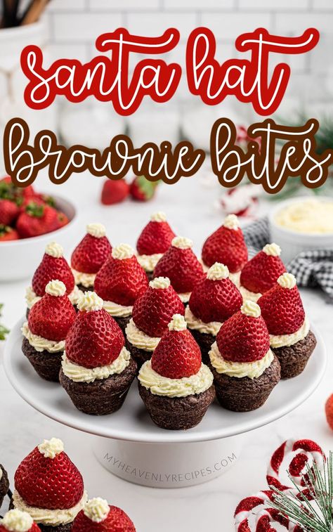 Santa Hat Brownie Bites- cutest christmas dessert to make! Santa hat brownies. Fun little treat to make for a christmas party. The strawberries act as the santa hat! Easy xmas dessert to make for potluck, holiday parties. Wife Meals, Santa Hat Brownies, Christmas Finger Foods, Christmas Party Snacks, Xmas Recipes, Xmas Desserts, Dessert To Make, Christmas Recipes Appetizers, Holiday Party Foods