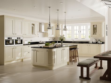 New England is inspired by English country living. Shown here in Ivory. Grand Kitchen Luxury, Cream And Black Kitchen, Cream Kitchen Walls, Black Kitchen Inspiration, Symphony Kitchen, New England Kitchen, Kitchen Renovation Inspiration, Grand Kitchen, Kitchen Mood Board