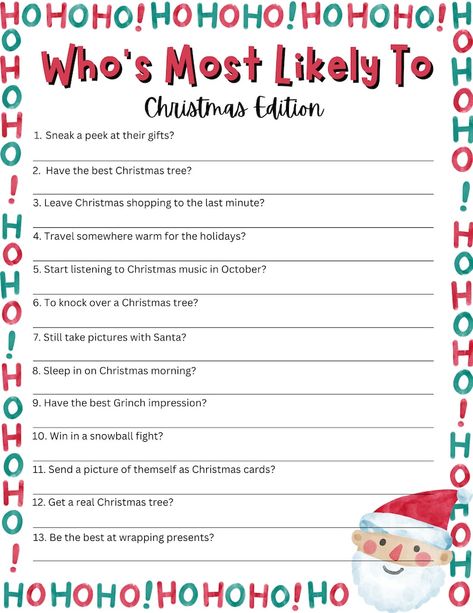 Who's Most Likely Christmas Edition Christmas Games Family Christmas Games Fun Christmas Games Family Party Games work Office Games - Etsy Christmas Work Party Ideas Activities, Fun Christmas Present Games, Work Christmas Activities, Christmas Games For Family Activities, Christmas Gift Game Ideas, Christmas Left Right Stories Gift Exchange Games, Christmas Office Games Ideas, Most Likely To Christmas Edition, Employee Christmas Party Games