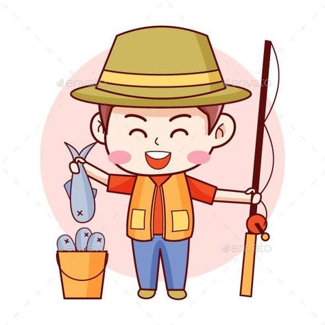 Cute boy fisherman holding fishing rod and fish cartoon character illustration Cartoon Fishing Rod, Fishing Animation, Fisherman Cartoon, Fisherman Drawing, Fisherman Illustration, Fishing Drawing, Fishing Illustration, Fishing Cake, Cartoon Character Illustration