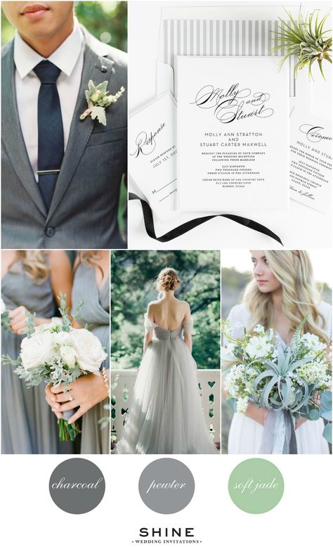 Vintage Gray and Jade Wedding Inspiration | Calligraphy Wedding Invitations | Airplant Wedding Vintage Wedding Colors, Jade Wedding, Shine Wedding Invitations, Wedding Theme Colors, Wedding Vintage, Theme Color, Fall Wedding Colors, Gray Weddings, Vintage Inspired Wedding