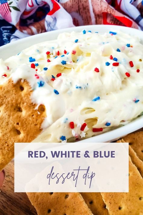 Celebrate with this festive red, white, and blue cheesecake dip! Made with cream cheese, butter, powdered sugar, brown sugar, and vanilla extract, topped with patriotic red, white, and blue sprinkles. Perfect for Memorial Day, Labor Day, Fourth of July parties or any patriotic gathering! Fourth Of July Cold Dips, July 4th Dip Recipes, Patriotic Dip Recipes, Memorial Day Dips, Labor Day Food Ideas Dessert, 4th Of July Dips, Cream Cheese Ball Dip, Labor Day Desserts, Desert Dips