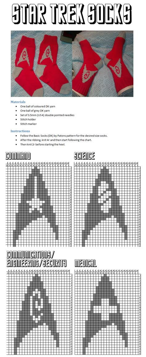 Star Trek Crafts, Star Trek Cross Stitch, Nerd Crafts, Geek Crafts, Socks Pattern, Crochet Stars, Sock Patterns, Cross Stitch Patterns Free, Crochet Chart