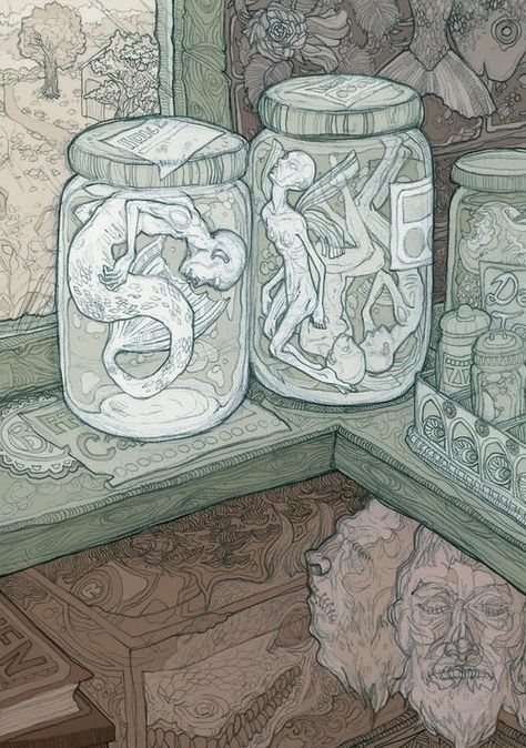 fairytale art: Sprites in jars Specimen Jar Tattoo, Jar Sketch, Mermaid Creature, Arte Inspo, Sketch Inspiration, Creepy Art, Scary Art, Art Sketchbook, Interesting Art