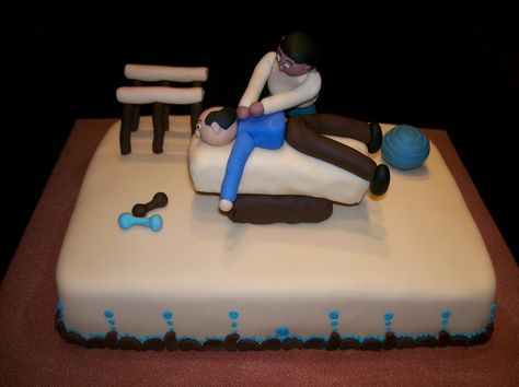 I made this cake for a physical therapist, he just loved it. He didn't want to cut it. For me it was so fun to make, the figurines are fondant and the patient table is rice krispie treats covered with fondant. TFL! Medical Cake, Friendship Cake, Graduation Reception, Spa Cake, Halloween Torte, Doctor Cake, Jungle Cake, Rice Krispie Treats, Rice Krispie