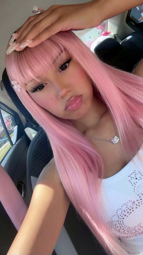 Light Pink Hair With Bangs, Light Pink Hair Black Women, Light Pink Short Hair, Korean Pink Hair, Pink Wig Hairstyles, Pink Afro Hair, Pink Hair With Bangs, Pink Hair Salon, Black And Pink Hair