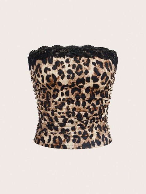 Women's Leopard Print Lace Trim Bandeau Tube Top Brown Casual  Sleeveless Knitted Fabric Leopard Print,Textured Pattern  High Stretch  Women Clothing, size features are:Bust: ,Length: ,Sleeve Length: Cheetah Print Tube Top, Leopard Print Tube Top, Leopard Outfit Ideas, Leopard Print Clothes, Leopard Clothes, Leopard Corset, Cheetah Print Top, Animal Print Tops, Leopard Top