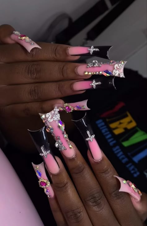 Xxl Nail Designs, Xl Long Acrylic Nails, Xxl Acrylic Nails, Pixie Nails, Xl Nails, Number 333, Black French Tips, Super Cute Nails, Hard Nails