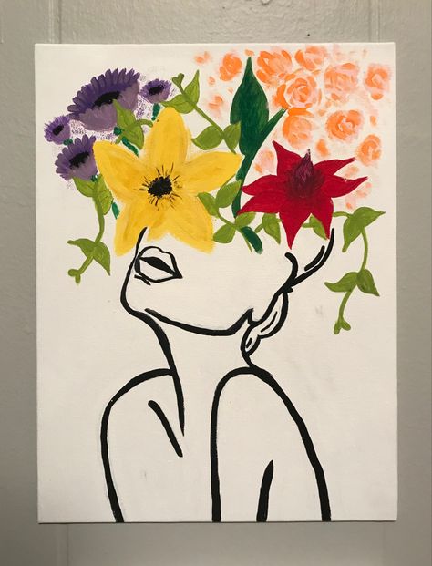 Outline of woman, with flowers out of her head. Pop of color Head With Flowers Painting, Plant Head Painting, Woman With Flower Head Drawing, Painting Ideas Woman Abstract, Face With Flowers Painting, Woman With Flower Head Painting, Flowers Coming Out Of Head Drawing, Head With Flowers Coming Out Drawing, Flowers On Head Painting