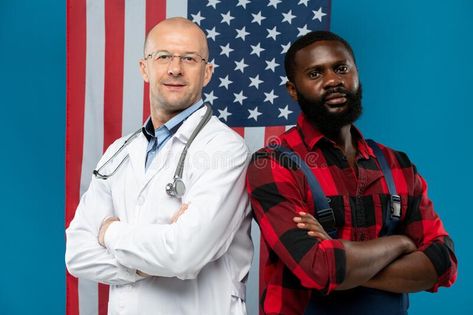 Mature bald clinician and young African repairman crossing arms on chest. While #Sponsored , #Sponsored, #sponsored, #clinician, #Mature, #arms, #young Person Crossing Arms, Crossing Arms, Flag Image, People Person, Art Model, Photo Reference, Brochure Template, Mockup, Stock Images