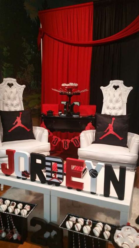 Jordan Baby Shower  | CatchMyParty.com Jordan Bday Theme, Sneakerhead Party Ideas, Michael Jordan Baby Shower, Sneaker Ball Baby Shower Ideas, Jordan 23 Birthday Ideas, Nike Nursery, Michael Jordan Party, Jordan Birthday Party Ideas, Sneakerball Party Ideas