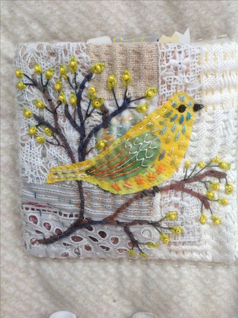 Bird; detail from embroidery. Debbie Irving Collage Quilts, 6 July, Bird Applique, Textile Art Embroidery, Fabric Postcards, Fabric Cards, Sashiko Embroidery, Bird Quilt, Bird Embroidery