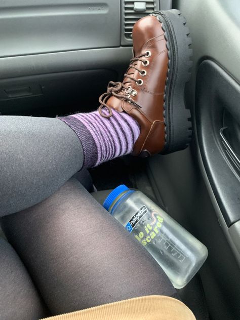 shot of girl’s legs in grey tights wearing a brown shoe with a thick black platform sole. her clear nalgene water bottle is next to her right leg with a sticker that says  do it scared. she is in a 2008 ford ranger. Unif Seek Shoes, Seek Shoe, Unif Shoes, Shoes Wishlist, Shoe Wishlist, Fashion Aesthetic, Sell On Etsy, Outfit Inspo