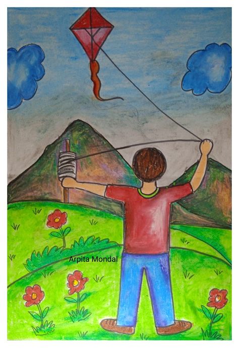 Kite Festival Drawing For Kids, Sankranti Drawing For Kids, Kite Festival Drawing, Kite Drawing For Kids, Makar Sankranti Drawing, Sankranti Drawing, Imaginary Drawing, Festival Painting, Holi Drawing