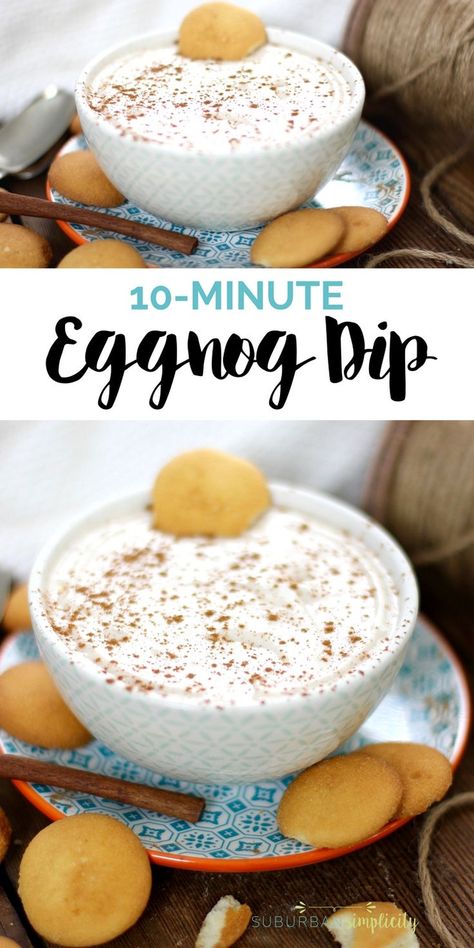 This Eggnog Dip recipe is a festive way to celebrate the holidays. The cream cheese makes it creamy and perfect for dipping cookies and graham crackers! It’s the perfect dessert that's ready in 10 minutes and will be the hit of your party! #suburbansimplicity #eggnog #dessert #christmas Eggnog Dip Recipe Cream Cheeses, Egg Nog Dip, Eggnog Dip, Dipping Cookies, Eggnog Dessert, Dessert Dip Recipes, Cracker Dip, Dessert Christmas, Favorite Christmas Recipes