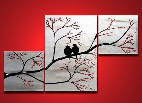 Couples Painting, Silver Painting, Family Tree Painting, Love Birds Painting, Triptych Art, Painting Canvases, Metal Tree Wall Art, Wall Drawing, Acrylic Canvas