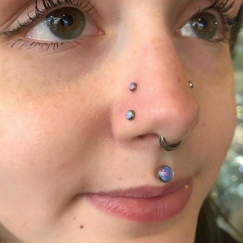 Opal Body Jewelry, High Nostril Piercing, Septum Nose Piercing, Black Line Tattoo, Nostril Piercing, Lavender Opal, Septum Nose Rings, Face Piercings, Japanese Chin