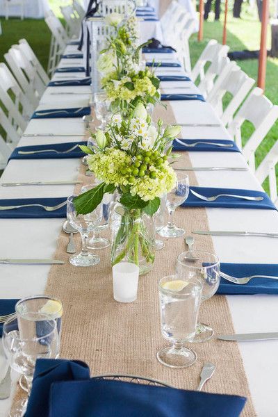 Crisp white, burlap + navy blue wedding #colorpalette | Burlap Decor | #cvlinens #PreppyWeddings | Kristen Jane Photography www.cvlinens.com for all your linen needs. Great quality at low pricing. #cvlinens #burlap #rustic #navyblue White Table With Runner, Blue White Table Decor, Blue Table Cloth Decorations, Navy Burlap Wedding, Navy Blue Table Cloth With Burlap Runner, Pastors Birthday, Wedding Table Settings Rustic Outdoor Receptions Burlap Runners, White Table Cloth With Burlap Runner, White Tablecloth Burlap Runner