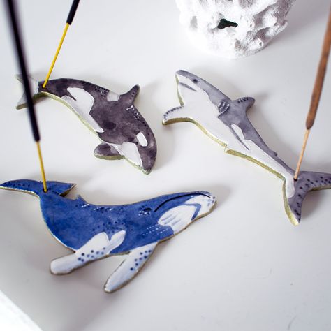 sea themed incense stick holder, made from air dry clay, ocean themed, great white shark, orca, humpback whale, painted with watercolour Air Dry Clay Sculptures & Statues, Clay Ocean Animals, Clay Ocean, Diy Incense, Shark Decor, Nautical Bathroom Decor, Incense Stick Holder, Diy Air Dry Clay, Air Dry Clay Projects