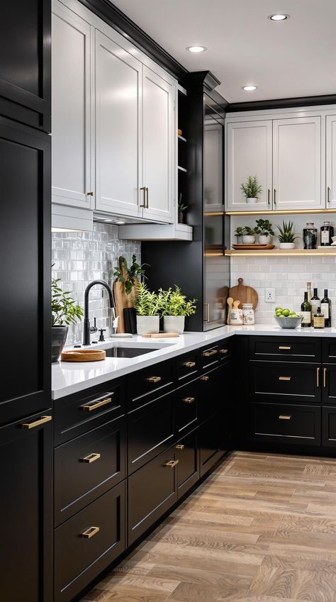 Black and White Modern Kitchen Ideas White Top Cabinets Dark Lower, White Kitchen Color Schemes, Black And Green Kitchen Ideas, Black Bottom Cabinets White Upper, Black Lower Cabinets White Upper, Black And White Kitchen Cabinets, White Minimal Kitchen, Black Shaker Kitchen, Black And White Modern Kitchen