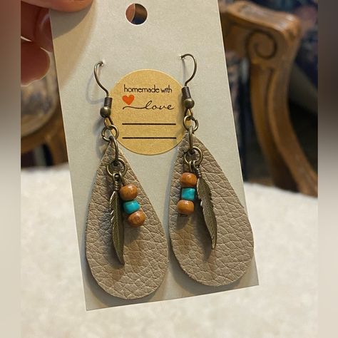 Hand Made Earrings Made Leather Beads Wood Metal Feathers Metal Hooks Aztec Leather Earrings, Bead And Leather Earrings, Homemade Leather Earrings, Beaded Leather Earrings, Leather And Bead Earrings, Diy Western, Cricut Jewelry, Suede Earrings, Cricut Earrings