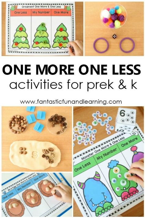 One More One Less Activities for Preschool and Kindergarten #preschool #math #kindergarten #numbersense One More One Less Activities, Imagine School, One More One Less, Math Kindergarten, Kindergarten Music, Math Centers Middle School, Math Activities For Kids, Cool Science Experiments, School Things