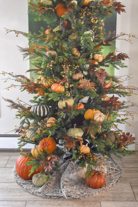 Pumpkin-Themed Christmas Tree for Thanksgiving - Home with Holliday Indoor Fall Decor Ideas, Unique Christmas Trees Themes, Fall Christmas Tree, October Decor, Thanksgiving Table Decor Ideas, Indoor Fall Decor, Holly Johnson, Tree Centerpiece, Evergreen Christmas