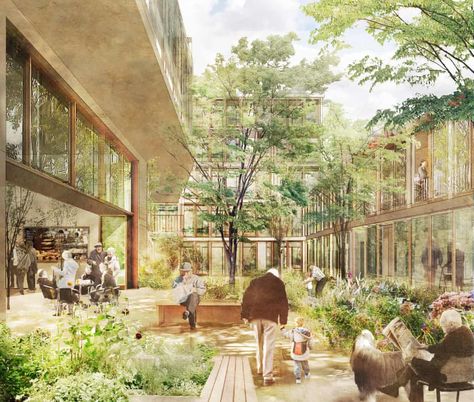 The inner courtyard of a complex of flats in south London, designed for over-75s. Old Peoples Home, Architecture Art Nouveau, St Monica, Co Housing, Urban Housing, Elderly Home, Green Architecture, St Vincent, Architecture Rendering