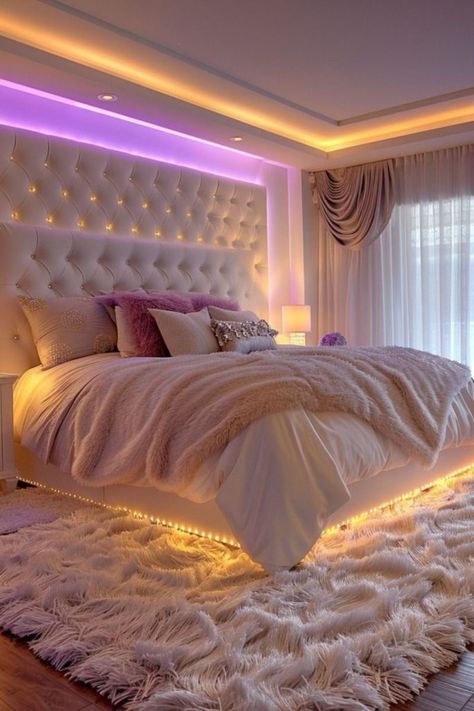 Room Ideas Large Bedroom, Led Light On Bed, Romantic Bedroom Lights, House Interior Led Lights, Room Setting Ideas Bedrooms, Pink Bedroom Mood Board, Led Lights Around Bed, Bedroom Setting Ideas, White Led Lights Bedroom