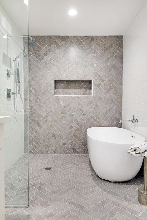 Tile Shower Floor Ideas Walk In, Bathroom With Herringbone Floor, Master Shower Accent Wall, Bathroom Shower Accent Wall, Herringbone Shower Niche, Modern Farmhouse Shower Tile, Bathroom Herringbone Tile Floor, Taupe Tile Bathroom, Accent Shower Wall