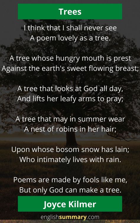 I think that I shall never see A poem lovely as a tree. A tree whose hungry mouth is prest Against the earth’s sweet flowing breast; A tree that looks at God all day, And lifts her leafy arms to pray; A tree that may in Summer wear A nest of robins in her hair; Upon whose bosom snow has lain; Who intimately lives with rain. Poems are made by fools like me, But only God can make a tree. Trees Poem, Rain Poems, Joyce Kilmer, Tree Poem, Lovely As A Tree, Diary Journal, Beautiful Trees, God Can, The Poet