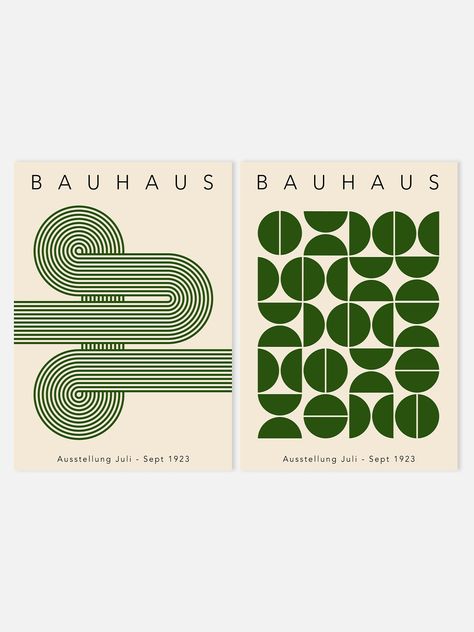 This stylish pair of bauhaus-inspired posters are the perfect addition to any décor. The green and cream geometric design creates an aesthetically pleasing contrast to any space. Their complimentary designs ensure that they look great as a pair or separately. Mid Century Bauhaus, Home Decor Graphic Design, Mid Century Poster Design, Product Graphic Design Poster, Mid Century Modern Office Decor, Bauhaus Graphic Design, Sharp Logo, Minimal Logo Design Inspiration, Geometric Graphic Design