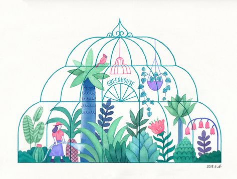 Greenhouse Illustration, Garden Illustration, Sustainable Art, House Illustration, Art Corner, Plant Illustration, Plant Art, Pattern Illustration, Watercolor Cards