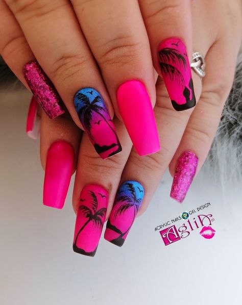 Tropical Nails Acrylic, Nails For Cruise Vacations, Bright Vacation Nails, Manicure Soak, Tropical Nail Art, Tropical Vacation Nails, Cruise Nails, Palm Tree Nails, Fancy Nail Art