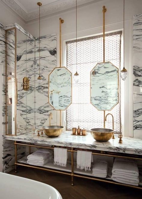 placing mirrors in front of windows 2 Mirrors In Front Of Windows, Mirror In Front Of Window, Vanity In Front Of Window, Round Wooden Mirror, Mirrors For Bathroom, Vintage Style Bathroom, Polished Nickel Faucet, Window Seat Storage, Geometric Mirror