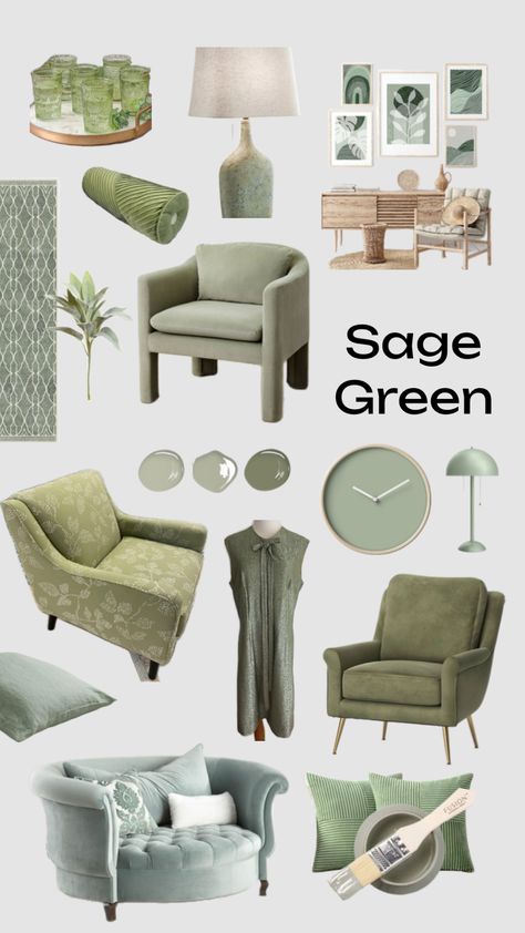 Sage green moodboard. All you need for accent pieces in your interior designs. Chairs, rug, lamps, wall accents and more #sagegreenaesthetic #sagegreenvibes #sagegreencollage Sage Green Moodboard, Green Moodboard, Green Aesthetic, Accent Pieces, Sage Green, Accent Wall, Lamps, Rug, Interior Design