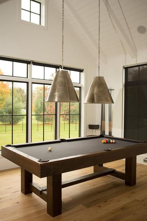 Game room features a paneled cathedral ceiling lined with two Goodman Hanging Lamps suspended over a pool table. Best Pool Tables, Modern Game Room, Board Game Room, Game Room Lighting, Granny Pods, Pool Table Room, Backyard Cottage, Cottage Floor Plans, Bedroom Games