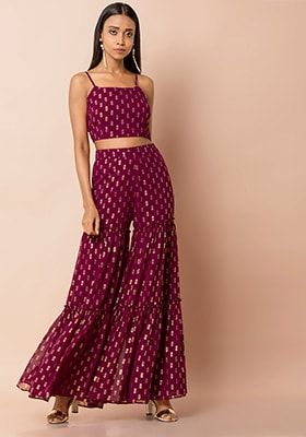 Wine Foil Strappy Crop Top and Sharara Set Top And Sharara Set, Sharara Designs, Sharara Pants, Trendy Outfits Indian, Diwali Outfits, Casual Indian Fashion, Strappy Crop Top, Traditional Indian Outfits, Ethnic Outfits