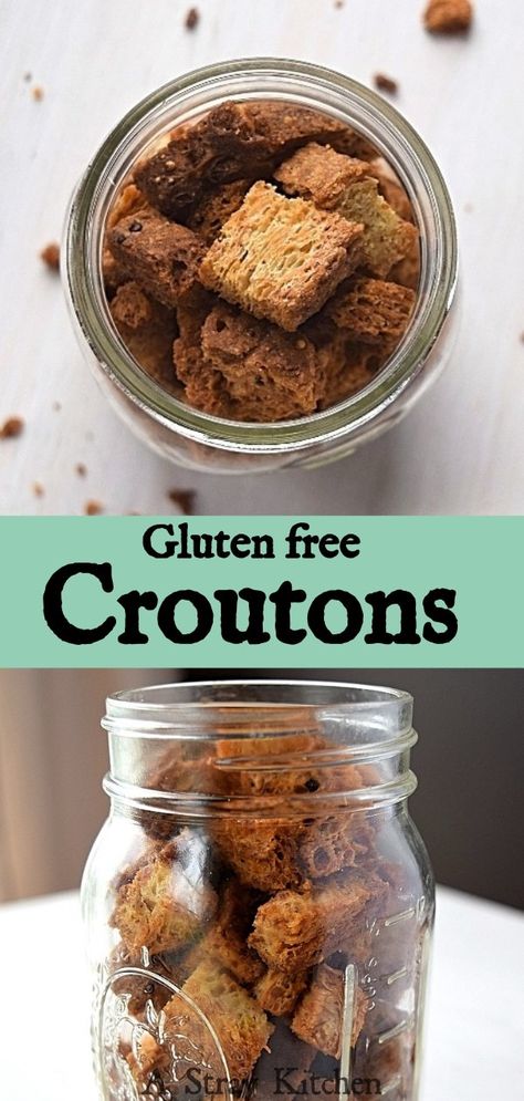 Gluten free Croutons are a breeze to make and keep well in the pantry. They are great for topping soups and salads, or eating on their own. They can also be crushed to make breadcrumbs! Win=Win – A Stray Kitchen    #glutenfreecroutons #croutons #easyrecipe #glutenfree #breadcrumbs Easy Croutons, Salad Croutons, Gluten Free Croutons, Homemade Gluten Free Bread, Gluten Free Stuffing, Recipe Cover, Croutons Homemade, Gluten Free Bakery, Broccoli Cheese Soup