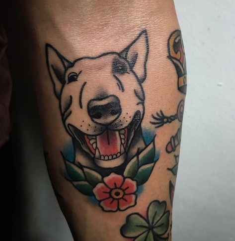 Pitbull Terrier Tattoo, Traditional Pitbull Tattoo, Bull Terrier Tattoos, Terrier Tattoo Ideas, Pit Bull Tattoo, English Bull Terrier Tattoo, English Bull Terriers Tattoos, Bull Terrier Outline Tattoo, Bull Terrier Tattoo Ideas