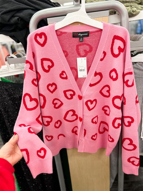 The cutesf cardigan available at Target! Style it with jeans for a casual look. Aesthetic Pink Sweater, Pink Sweaters Aesthetic, Pink Sweater Outfit Aesthetic, Love Core Aesthetic Outfits, Valentines Outfits Aesthetic, Funky Sweaters, Lovecore Fashion, Demon Days, Aesthetic Sweaters