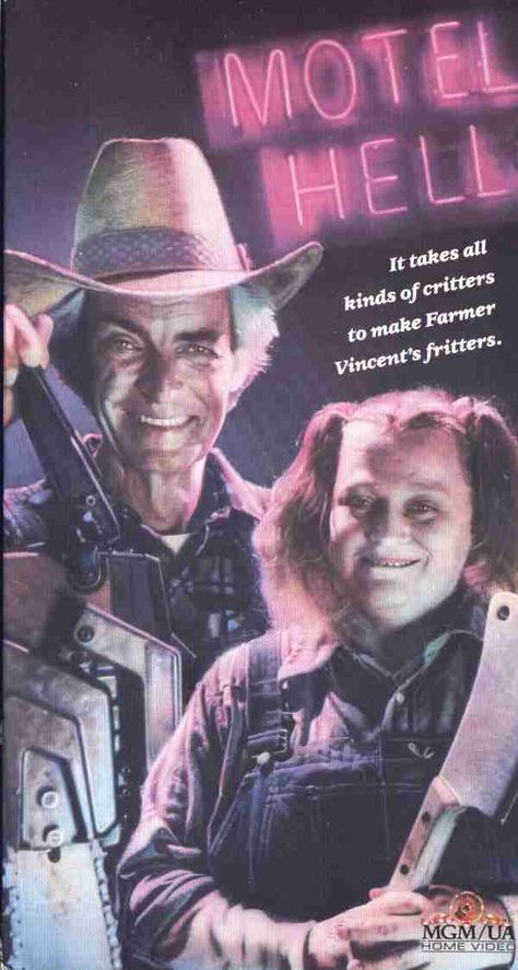 "Motel Hell" with once famous, but then old, Rory Calhoun as Farmer Vincent!  "It takes all kinds of Critters to make Farmer Vincent's Fritters!"  Yum! 80s Horror Movies, Vhs Cover, Dangerous Minds, 80s Horror, Retro Horror, Horror Posters, Worst Movies, Horror Movie Art, Classic Horror Movies