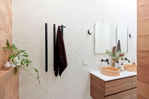 Terracotta Bathroom, Towel Heater, Electric Towel Rail, Small Bathroom Renovations, Bar Rail, Feature Tiles, Shower Time, Heated Towel Rail, Main Bathroom