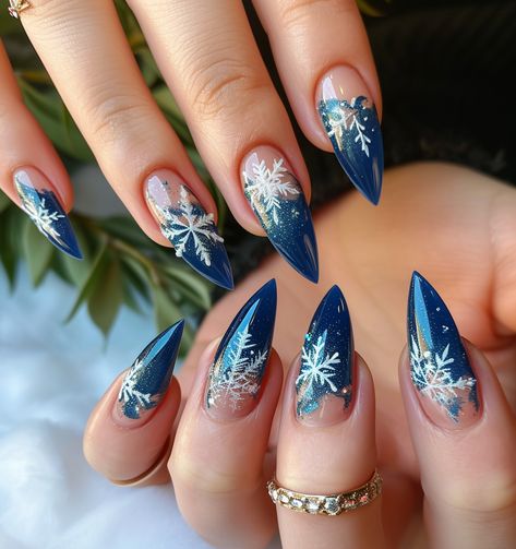 Xmas Blue Nails, Christmas Nail Designs Blue And Silver, Snowflake Nails Almond Shape, Cat Eye Nails Winter, Gel X Christmas Nail Designs, Short Stiletto Christmas Nails, Yule Nails Winter, Blue Christmas Nail Art, Unique Holiday Nails