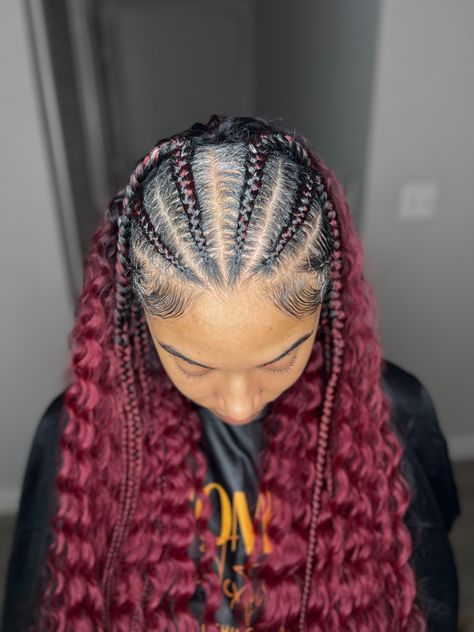 Medium sized stitch cornrows with wavy hair sewn in. Color 425/ burgundy. Perfect vacation hair. Half cornrows and half sew in. Half Head Cornrows, Half Feed In Braids Half Sew In, Half Braid Half Crochet Hairstyles, Sew In Color, Half Head Braids, Stitch Cornrows, Wavy Hair Sew In, Feed In Cornrows, Braid Hair Style