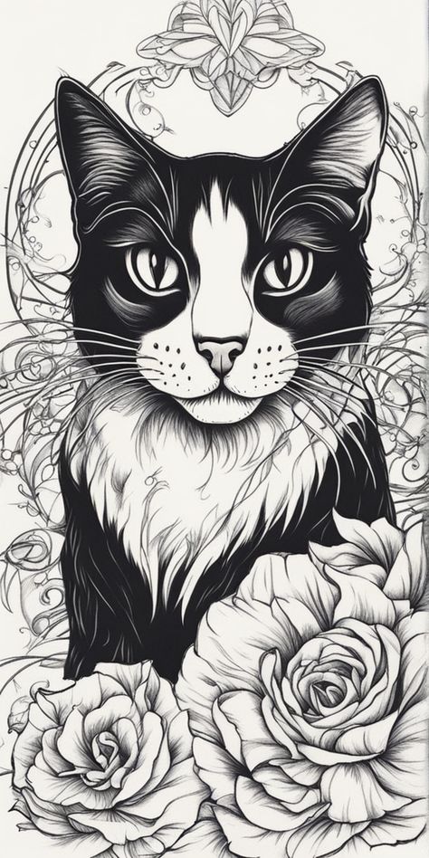 Cat Tattoo Large, Tuxedo Cat Tattoo Designs, Cat Tattoo Tuxedo, Cat Tattoo Portrait, Black And White Cat Tattoo, Unique Cat Tattoo, Tuxedo Cat Tattoo, Tattoo Gato, Cat Portrait Tattoos