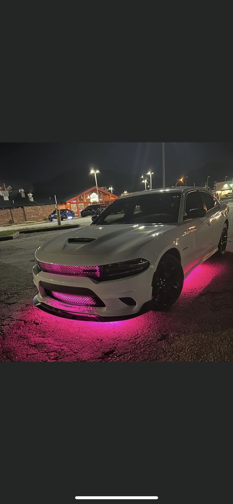 Purple Dodge Charger Aesthetic, Girly Dodge Charger, Pink Dodge Charger Aesthetic, Dodge Charger Led Lights, Hot Pink Dodge Charger, Pink Dodge Charger Interior, Pink Charger Car, Doge Charger Pink, Pink Hell Cat Car