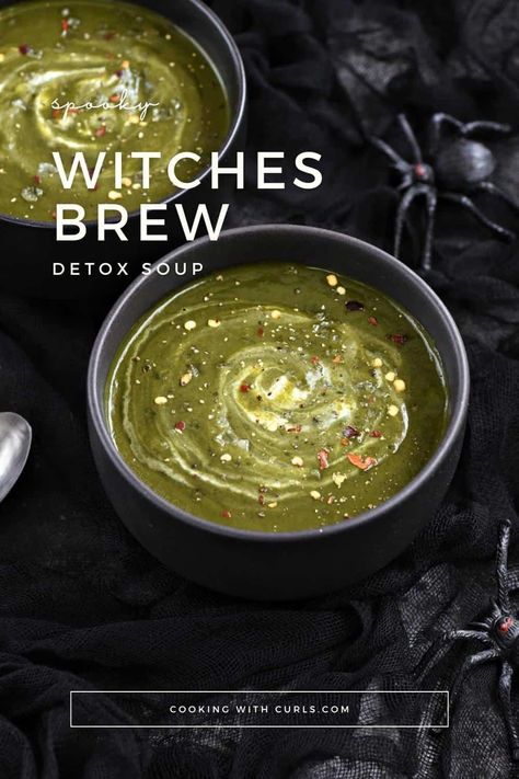 The name "Witches Brew" conjures up images of potion-making witches in stories like Hocus Pocus and Harry Potter. This detox soup embraces that fantasy, often featured at Halloween gatherings or when you're in the mood to add a bit of magic to your meal. The rich green hue and earthy flavor make it a standout, almost like a potion with the power to invigorate and nourish. Witch Soup Recipe, Witch Meals, Halloween Soup Recipes, Witches Brew Soup, Witch Soup, Halloween Soup, Healthy Detox Soup, Potion Making, Kitchen Witch Recipes