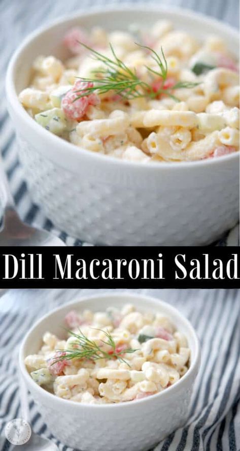 Dill Macaroni Salad made with English cucumbers, tomatoes and a sour cream and fresh dill dressing is super tasty. Spring Pasta Salad, Amish Macaroni Salad, Dill Dressing, Best Macaroni Salad, Mac Salad, Potato Pasta, Macaroni Recipes, Macaroni Salad Recipe, Macaroni Pasta